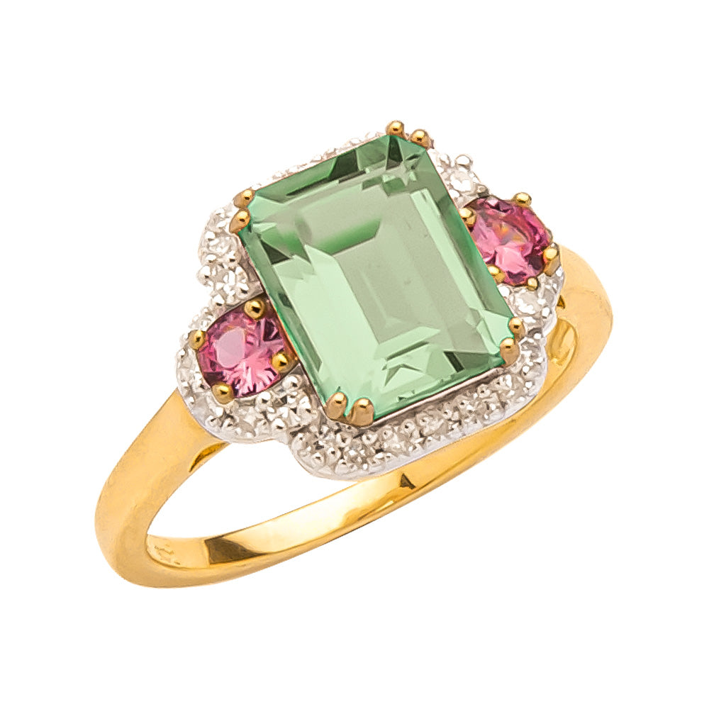 9ct YG Emerald Cut Mint Quartz 9x7mm, Pink Saphhire =.26pts & Diamond =.20pts GHSI Ring