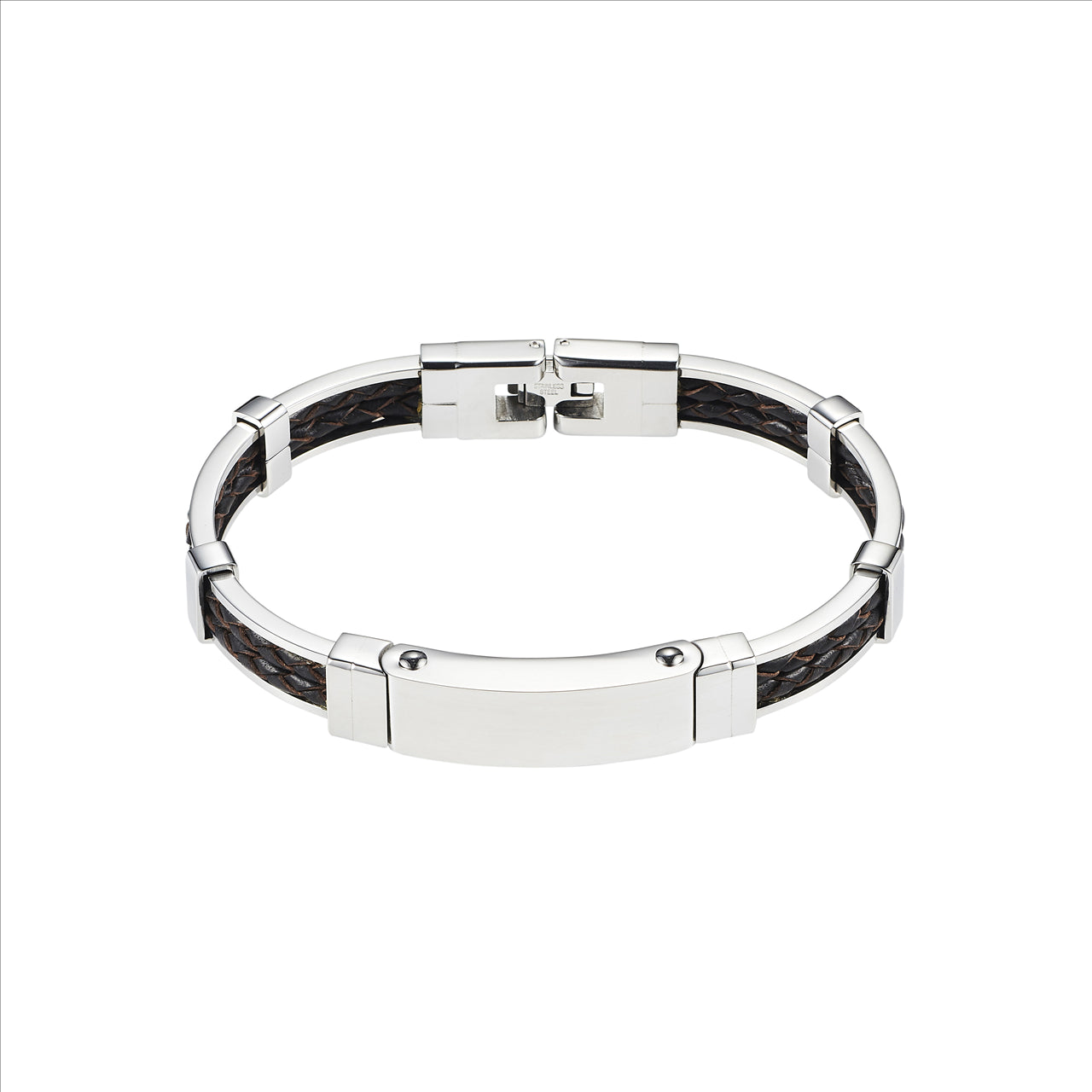 Polished Stainless Steel Bracelet with Double Strand Braided Brown Leather