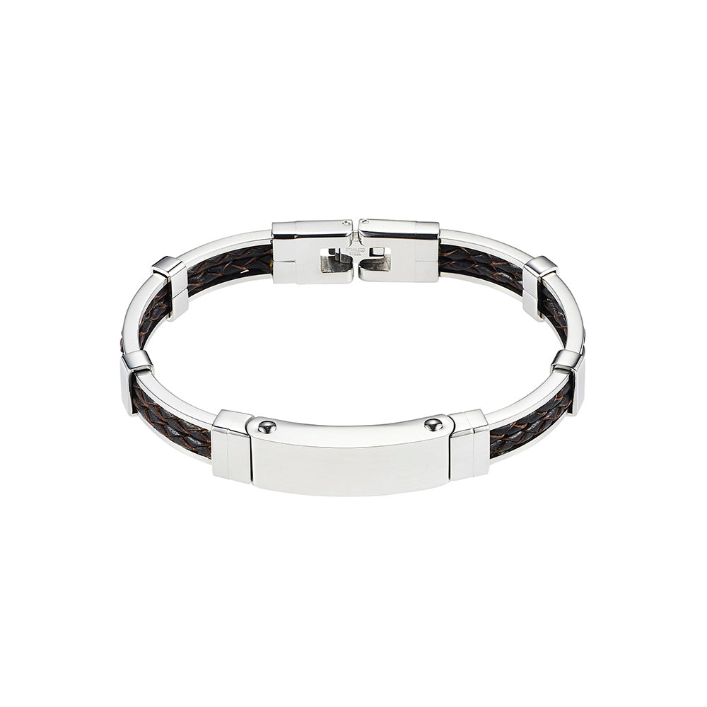 Polished Stainless Steel Bracelet with Double Strand Braided Brown Leather