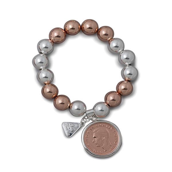 Von Treskow 12mm sterling silver & rose 2 tone ball bracelet with Authentic 2 Tone Half Penny