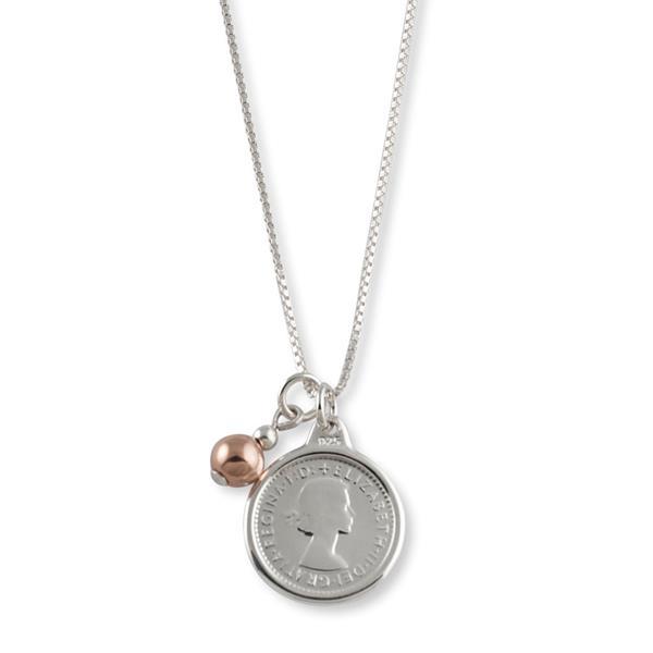 Von Treskow Sterling silver 43cm fine box chain necklace with authentic Australian threepence coin and rose gold filled ball