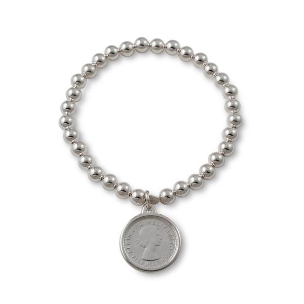 Von Treskow Sterling silver 6mm stretchy bracelet with authentic Australian sixpence coin